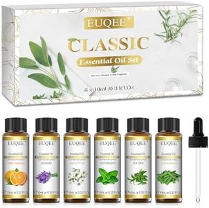 EUQEE Classic Essential Oil Set of 6 Pure Essential Oil Gift Set for Diffusers, Soap Making - Lavender, Eucalyptus, Peppermint, Tea Tree, Sweet Orange, Lemongrass Aromatherapy Oils - 10ml