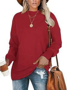 PLMOKEN Crewneck Shirts For Women Long Sleeves Casual Sweatshirt Pullover Tunics Tops, New Red, M