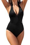 SHEKINI Women's Halter V Neck Swimsuit Ribbed Textured Metal Ring Chain One Piece Bathing Suit(Black,Small)