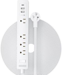 NTONPOWER Long Extension Cord 25 Ft, Flat Extension Cord Under Carpet, Rug, Door, Power Strip Long Cord, Wall Mount Power Strip with 4 Outlets 2 USB, Overload Protection for Indoor, Home, Dorm, Office