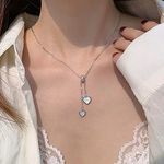 TseenYi Moonstone Heart Pendant Necklace Silver Opal Heart Y Lariat Necklace Small Heart Y Drop Necklace Tiny Heart Choker Necklace Vintage Opal Heart Pendant Necklace Chain Jewelry for Women and Girl