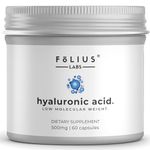 FOLIUS LABS Ultra High Purity Hyaluronic Acid Capsules 500mg - 95% Sodium Hyaluronate - Highly Purified and Bioavailable - Low Molecular Weight - Non-GMO Fermented - 60 Capsules