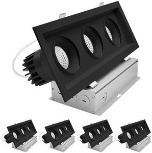 LUXRITE 3-Head Regressed Gimbal LED Recessed Spotlight, 360°+15° Adjustable, 5CCT 2700K-5000K, CRI90, 45W, 3000 Lumens, 60° Beam Angle, Rectangular Black Finish, Dual Dimmable, IC & Wet Rated (4 Pack)