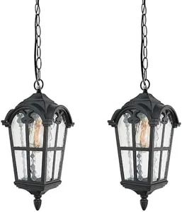 Zanritelit Black Outdoor Pendant Lights for Porch Hallway Patio, Aluminium Exterior Hanging Light Fixtures, Outside Waterproof Vintage Hanging Ceiling Outdoor Pendant Lamp Height Adjustable, 2pack