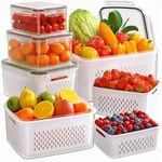 JSCARES 5-Pack Fruit Storage Containers for Fridge with Removable Colanders, 5 in 1 Plastic Fresh Saver Containers BPA Free with Lid for Salad Berry Lettuce Vegetables Meat Keeper (5 Pack)