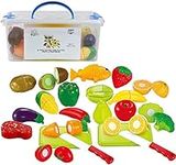 IQ Toys Play Food Set 40 Piece Cutting Fruits and Vegetables Playset with 2 Knives and Cutting Boards Accessories in Storage Container