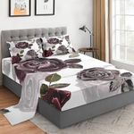 WeCozy Queen Size 4 Pcs Bed Fitted Sheet Set with 16" Deep Pocket, Vintage Burgundy Floral Flat Sheet Set for Kids and Adults, Botanical Rose Leaves Bedding Set with 2 Pillowcases for Bedroom Decor