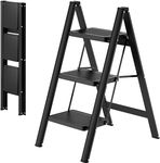 TRADY Aluminium 3 Step Ladder, Black Folding Ladder Stool, Wider Upgraded Non-Slip Treads, Portable Lightweight Ladder For Home And Kitchen, Holds Up To 150 Kg Lbs.