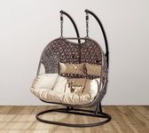 Hindoro Rattan Wicker Wrought and Cast Iron Outdoor Patio Furniture Double Seater Swing for Adults & Kids with Stand and Cushion, 2 Person, Dark Brown Swing with Beige Cushion