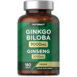 Ginkgo Biloba and Ginseng Tablets | High Strength | Ginkgo 9000mg & Korean Ginseng Root 3000mg | 180 Vegan Tablets | by Horbaach