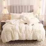 Uhamho Faux Fur Velvet Fluffy Bedding Duvet Cover Set Down Comforter Quilt Cover with Pillow Shams, Ultra Soft Warm and Durable (Cream, Queen)