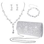 Yolev Bridal Wedding Jewelry Set Silver Clutch Purse Bag Evening Bag Rhinestone Jewelry Set Necklace Earrings Bracelet Prom Jewelry Set for Brides Bridesmaid