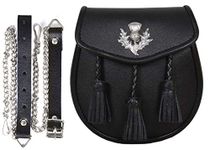 Scottish Original Leather Sporran with Leather Belt & Chain (Black Leather Sporran Thistle Badge with Three Tassels)