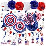 ZERODECO Party Supplies, Navy Blue Red Paper Fans Set Pom Poms Star Streamer Hanging Swirls USA Flag for 4th of July Day Patriotic Decorations Birthday Wedding Graduation Independence Day