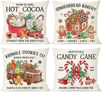 PANDICORN Christmas Pillow Covers 18x18 Inch Set of 4 Gingerbread House Man Candy Cane Hot Cocoa Christmas Decorations Indoor Xmas Winter Holiday Decorative Throw Pillow Cases for Couch Home Decor