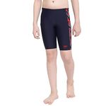 Speedo Boy's Endurance 10 High Chlorine Resistant UPF 40+ Sun Protection Hyperboom Panel Print Jammer - True Navy & Fed Red