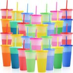 MSYU Plastic Tumblers with Lids and Straws, 30 Pcs Reusable Cups Color Changing Cups for Parties Birthdays, Iced Coffee Cup Travel Mug Cold Drink Cups Bulk Tumblers 24 oz (Color 1)