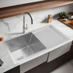 Ruhe® Handmade Exclusive Single Bowl 37x18x10 Kitchen Sink with Drainboard | Premium Stainless Steel Handmade Kitchen Sink | Brushed Matte Finish | Strainer-Basket/Sink Coupling/Waste Pipe