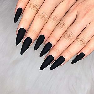 Morily 24pcs Fake Nails Matte Pure Color Medium Long Stiletto Almond Press on Nail False Tips Artificial Finger Manicure for Women (Black)