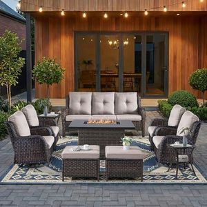 HUMMUH 10 Pieces Patio Furniture Set with Fire Pit High Back Wicker Outdoor Furniture Set Swivel Rocker Chairs 3-Seater Couch for Porch,Deck,Backyard