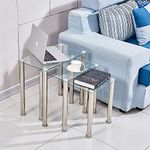 QIHANG-UK Rectangular Nest of Tables Side Table End Table Tea/Coffee/Snack Table Glass Tabletop Chrome Legs (Clear)