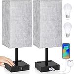 Touch Control Table Lamps Set of 2 - Nightstand Lamp for Bedroom with USB C+A Charging Ports & AC Outlets, 3-Way Dimmable Bedside Lamp Grey Shade for Bedroom Living Room(Bulb Included)