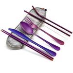 Travel Cutlery Set with Case, Reusable Stainless Steel Utensils Set, Portable Camping Utensils Set for Lunch Box Bag, 8-Piece Flatware Silverware Sets (Purple)