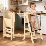 Toddler Standing Tower Step Stool - Stable Height Adjustable Kids Toddler Stool Folding Kitchen Learning Helper for Learning and Cooking - Ages 18 Months to 6 Years with Safety net Natural