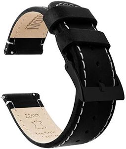 BARTON WATCH BANDS Quick Release Top Grain Leather Watch Band Strap, Black Leather/Linen White Stitching (Black Buckle), 22mm