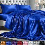 DECOLURE Stripped Satin Sheets Set King 4pc - Comfy Luxury Silk Feel Satin Sheets King - Elegant Silky Soft King Size Satin Bed Sheets Hypoallergenic Wrinkle-Free Satin Sheets with Deep Pocket (Blue)