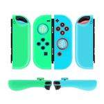 TNP Gel Guards with Thumb Grips Caps for Nintendo Switch Joy-Con Grip - Protective Case Covers Anti-Slip Lightweight Animal Crossing Design Comfort Controller Skin Accessories (1 Pair Blue Green Leaf)