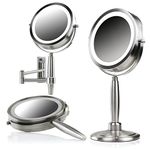 Ovente 3-in-1 Makeup Mirror (Tabletop, Wall-Mount, Handheld) with 3 SmartTouch Light Tones (Cool, Warm, Daylight), Cordless, 8.5 inch, 1x/5x Magnification, Nickel Brushed (MFM85BR1X5X)