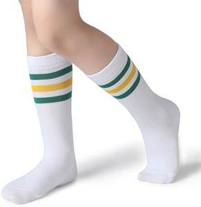Pareberry Boys Girls Over the Calf Striped Tube Socks Cotton Soft Retro Athletics Socks for Kids Age 4-9 (US, Age, 6 Years, 9 Years, A06-Green/Yellow/White)