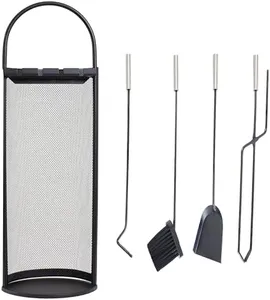 Sunnydaze 4-Piece Fireplace Tool Set with Stand - Indoor Hearth Accessories and Mesh Shroud Holder