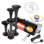 FARBIN Truck Air Horn 178DB 4 Trumpet Horns Train Horn Kit for Truck Super Loud Air horns with 150 PSI 12V Air Compressor Air Tank Can for Jeep SUV Train Metal Black(0.8 gal 12v black air horn kit)