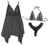 Xs and Os Combo of Women Babydoll Lingerie with Lace Bra Panty Set (Small, Black)