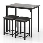 TANGZON Bar Table Set with 2 Stools, 3 Piece Breakfast Counter Table Set with PU Leather Pad and Marble Vein Tabletop, Metal Frame Pub Table and Chairs Dining Sets (Black)