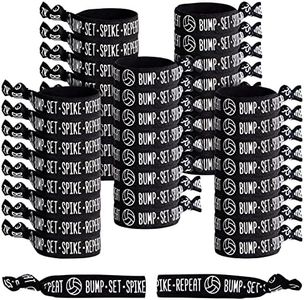 50-Pack Volleyball Hair Ties for Girls, Accessories, Bracelets, Elastic Bands, Bulk Gifts for Team Featuring the Words "Bump - Set - Spike - Repeat" (3.35x0.6 in) black, white