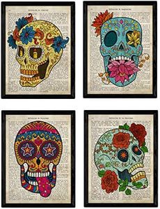 Nacnic Set 4 Fogli di enciclopedia Vintage con Teschi messicani Colorati Zucchero Cranio del Giorno dei Morti. Dimensione A4. con Marco.