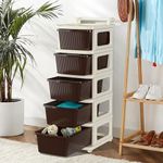 Kuber Industries 5 Layer Plastic Modular Storage Drawer Organizer with Wheels | Chest of Drawer Storage Box for Living Room, Office, School and Home | Toys Organiser for Kids Room | Ivory & Brown