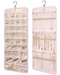 bagsmart Dual-sided Jewelry Organizer Hanging with Metal Hooks,32 Pockets and 3 Wave-Shaped Hooks,Jewelry Roll for Earrings,Necklaces,Rings on Closet,Wall,Door,1 piece, Large, Pink