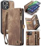 Kowauri Wallet Case for iPhone 15, Zipper Purse Folio Leather Wallet with Card Holder Wrist Strap Detachable Magnetic Shockproof Protective Back Case for iPhone 15 (6.1 inch), Brown