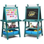 HONEY JOY Kids Art Easel, 3-in-1 Double-Sided Wooden Storage Toddler Easel w/Magnetic White Board & Chalkboard, Paper Roll, Painting Dry Erase, Easel for Kids Boys Girls Aged 3+ (Blue)