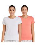 Amazon Brand - Symbol Women's Solid Regular Fit Half Sleeve T-Shirt (RN-PO2-COMBO4-White & Coral Pink-S) (Combo Pack of 2)