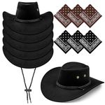 6 Pack Black Cowboy Hats with Bandana, Cowgirl Hat with Adjustable Drawstring, Western Costume for Party, Stage, Performance