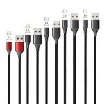 NetDot Gen10 Nylon Fast Charging Cable Compatible with Micro USB & USB-C Smartphones (5 Pack,1ft red,3.3ft/5ft/6.6ft/6.6ft Black)