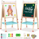 Kids Easel with Paper Roll Double-Sided Whiteboard & Chalkboard Standing Easel with Numbers and Other Accessories for Kids and Toddlers (Bear)