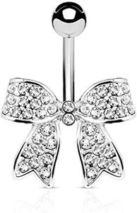 PiercedOff 316L Surgical Steel Navel Ring Belly Bar with Crystal Paved Ribbon (Clear)