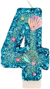 Blue Number Candle,Shell Sequins Number Candles for Birthday Cakes Mermaid Themed Party Supplies Number 4 Candle