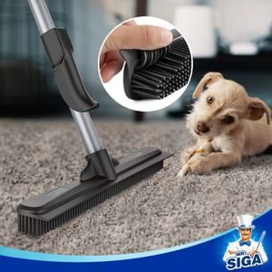MR.SIGA Rubber Broom 3-in-1 Carpet Brush – Pet Hair Removal, Squeegee, 61" Adjustable Handle, Microfiber Cloth Included